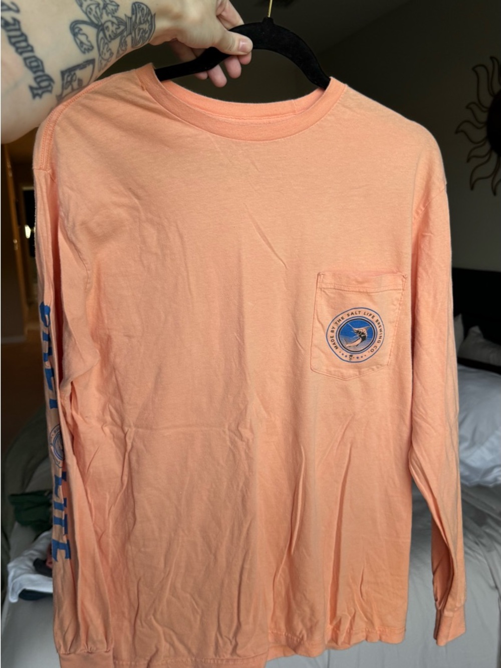 Salt Life Men's Peach Long Sleeve Pocket Tee with Blue Logo